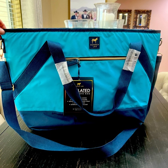 NWT Dabney Lee Navy & Aqua Insulated Picnic Tote w/ Detachable Shoulder Strap - Picture 7 of 8